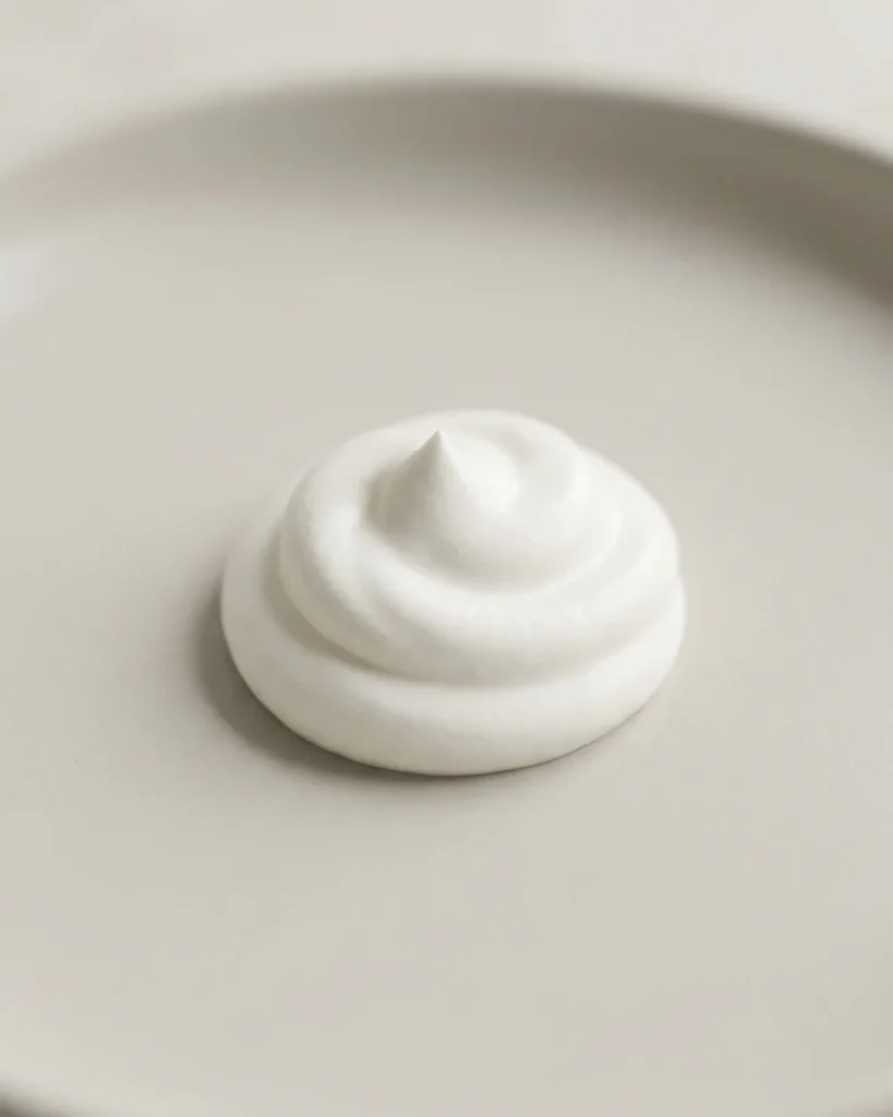 Top af tyk hvid creme på et lysegråt keramikfad