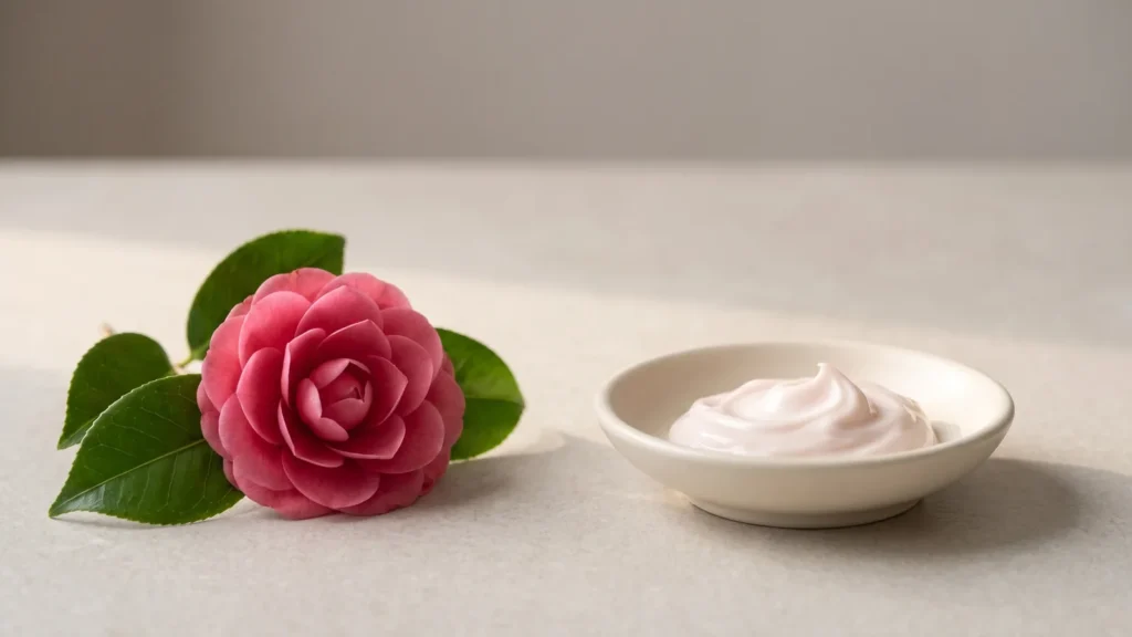 Lyserød kameliablomst og skål med perlemorshvid creme side om side
