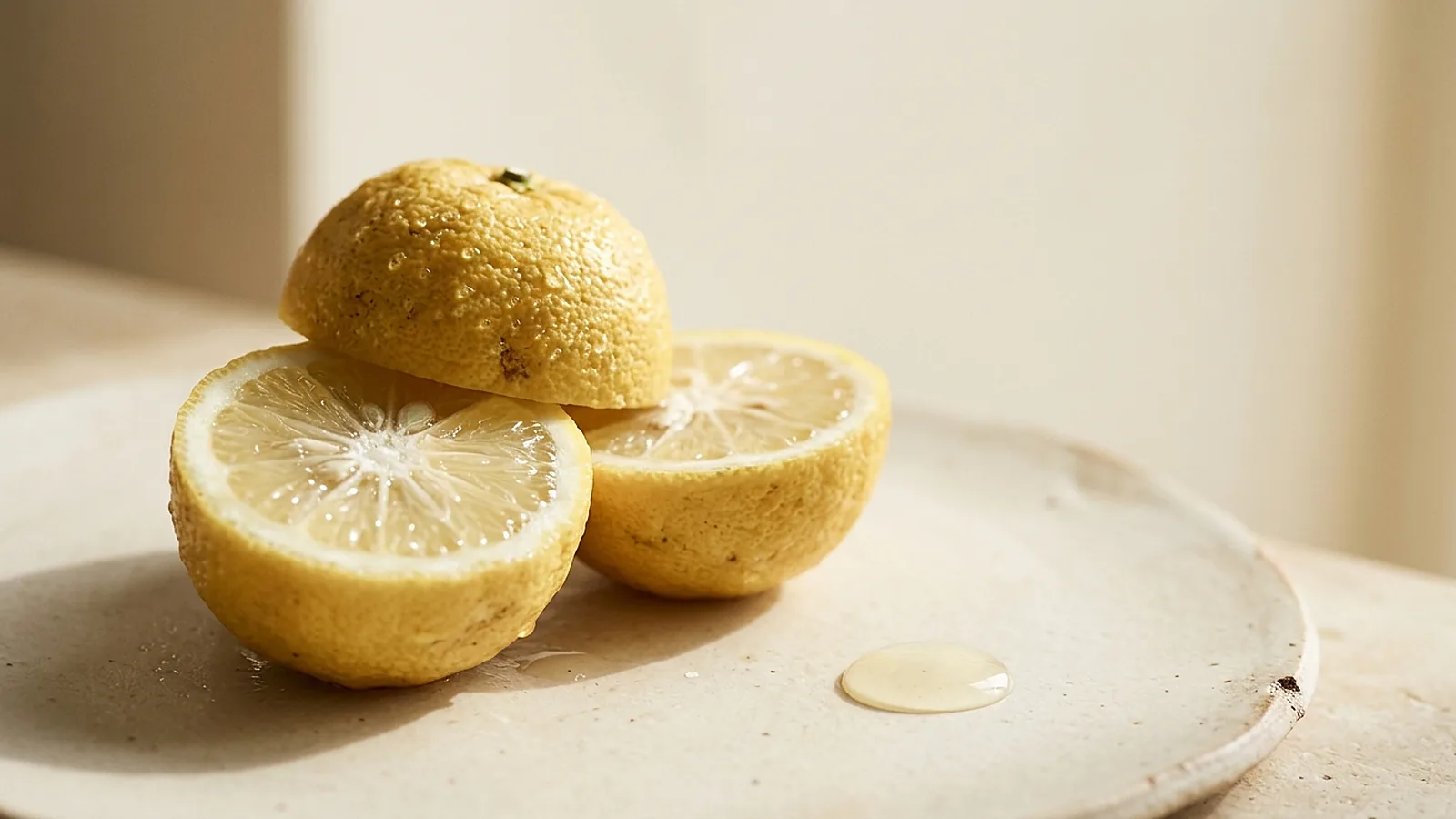 Halve citrusfrugter på et lyst keramikfad i morgenlys