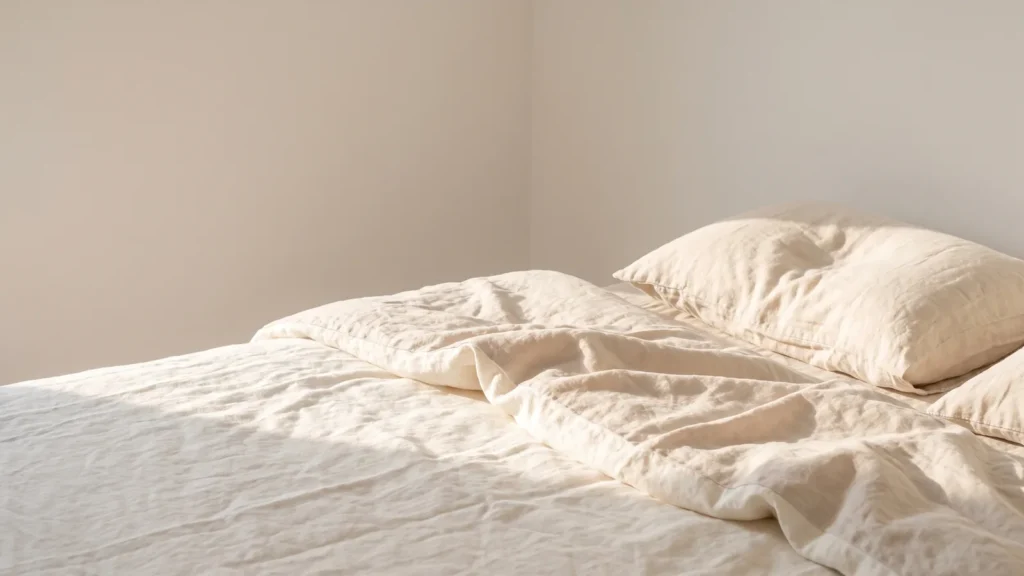 Krøllet hørsengetøj i blødt morgenlys