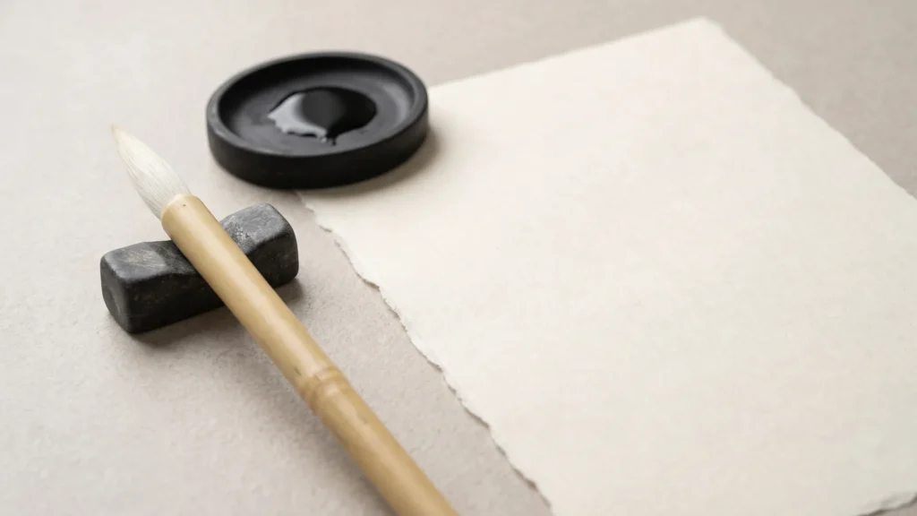 Kalligrafipensel, tuschsten og blankt washi-papir i blødt dagslys
