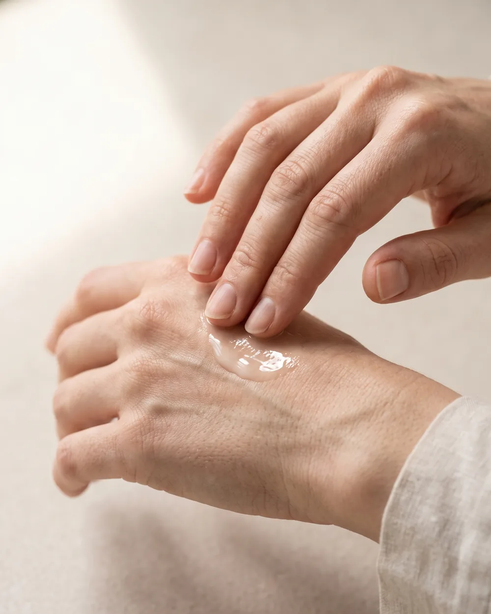 Kvindehænder der klapper klar lotion ind på håndryggen i morgenlys