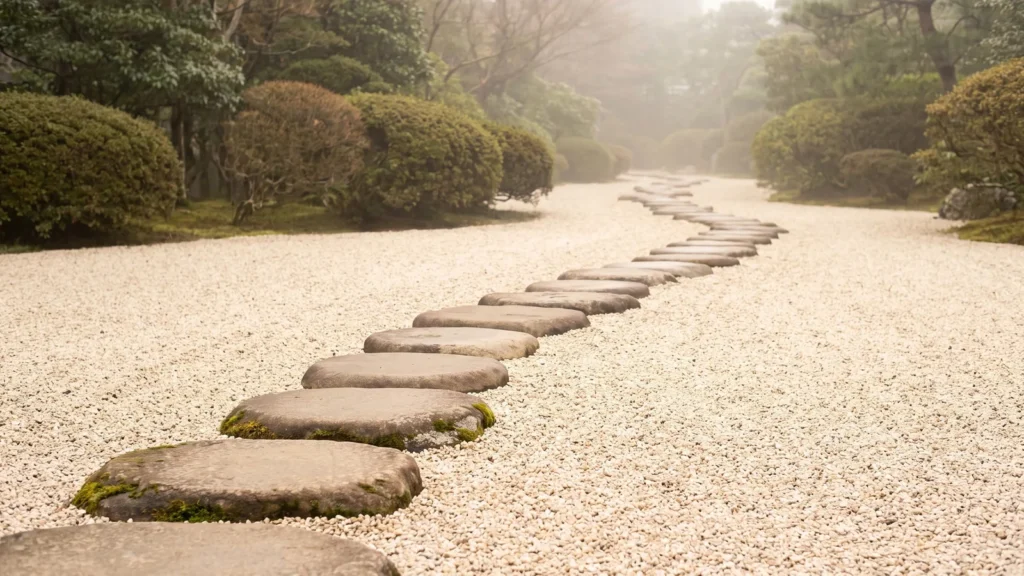 Trædesten gennem revet grus i en japansk have i blødt morgenlys