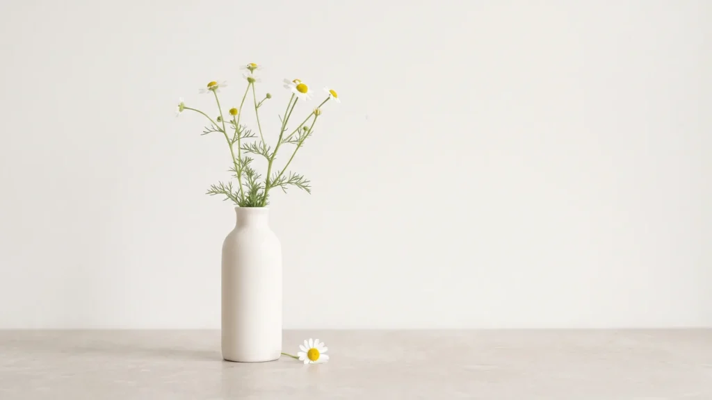 Kamilleblomster i en mat keramikvase i meget blødt lys