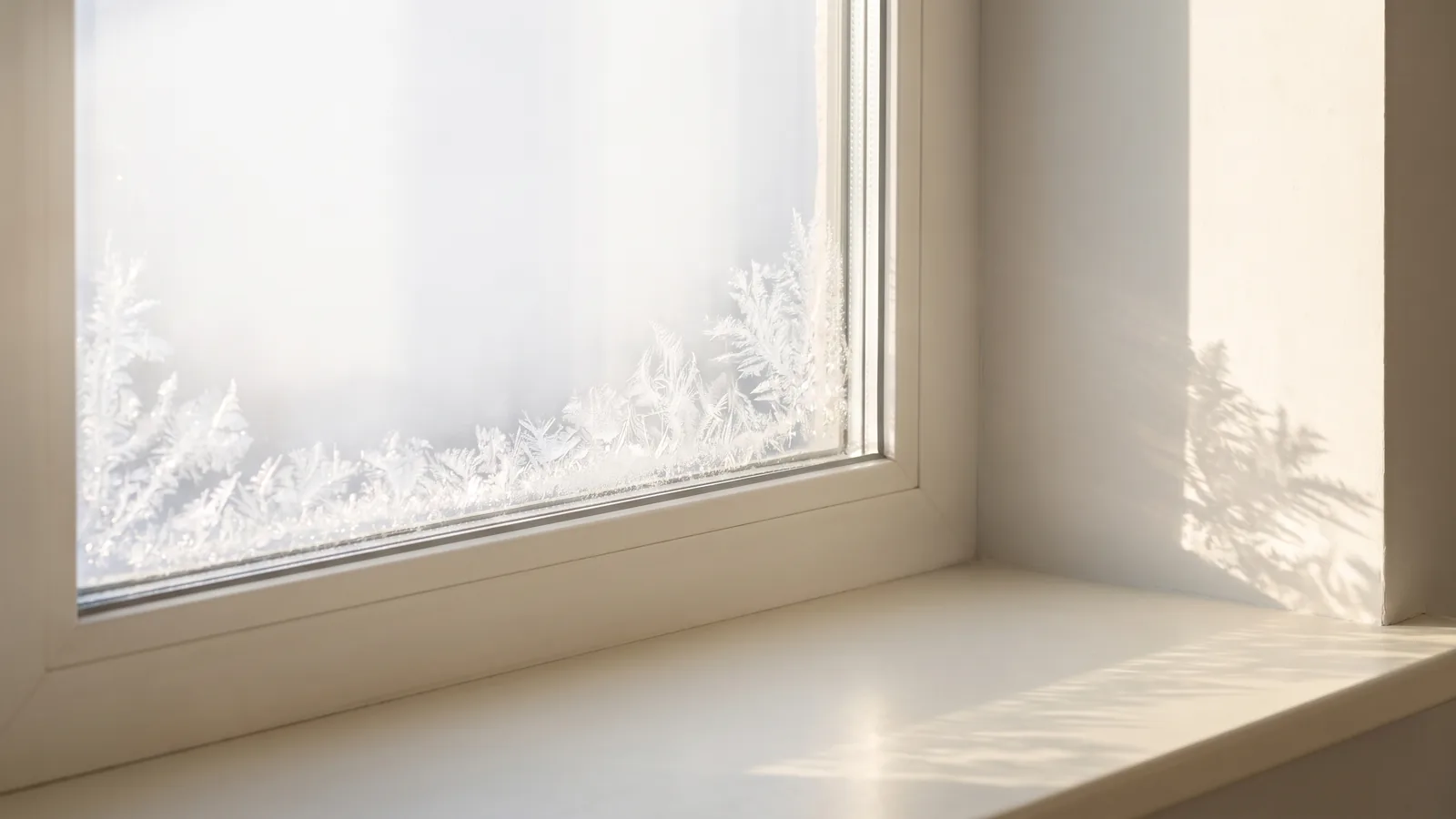 Frost på en rude med lav vintersol gennem glasset